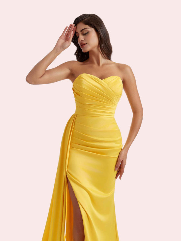 Elegant Sweetheart Mermaid Pleats Side Slit Soft Satin Long Bridesmaid Dress For Wedding