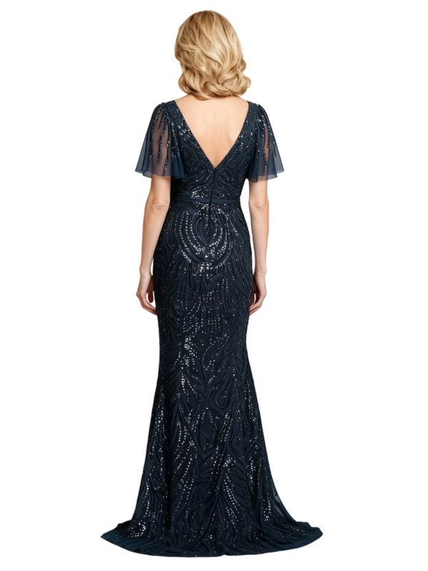Elegant Chiffon V-Neck Short Sleeves Side Slit Mermaid Long Mother Of The Bride Dresses