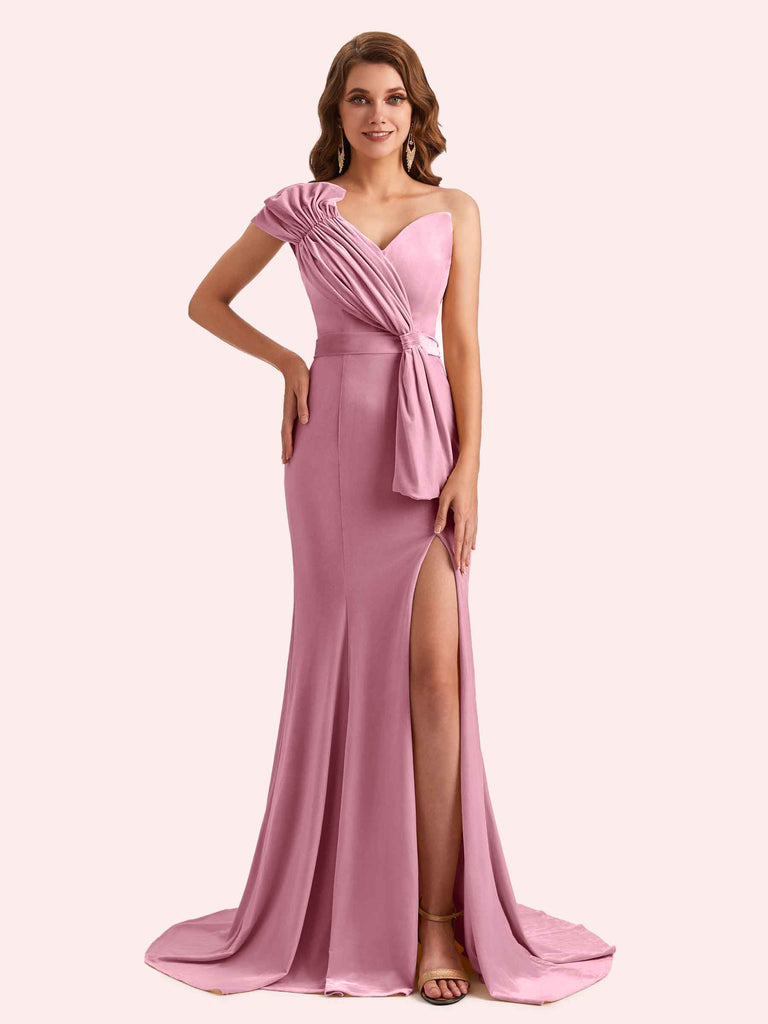 Elegant One Shoulder Sleeveless Long Mermaid Velvet Bridesmaid Dresses Online Elegant One Shoulder Sleeveless Long Mermaid Velvet Bridesmaid Dresses Online