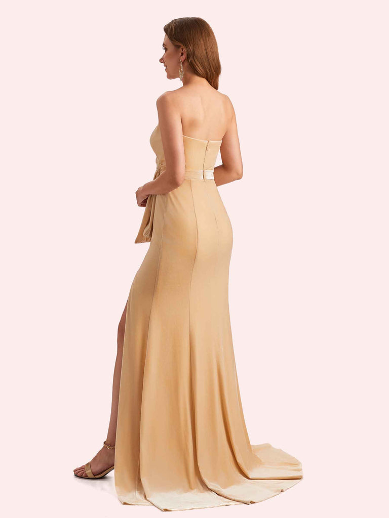 one shoulder velvet bridesmaid dress Sheath One Shoulder Velvet Bridesmaid Dresses with Slit