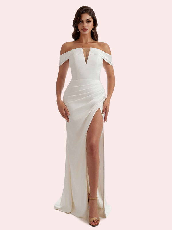 Sexy V-neck Mermaid Pleats Side Slit Off-the-Shoulder Soft Satin Long Bridesmaid Dress For Wedding