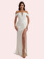 Sexy V-neck Mermaid Pleats Side Slit Off-the-Shoulder Soft Satin Long Bridesmaid Dress For Wedding