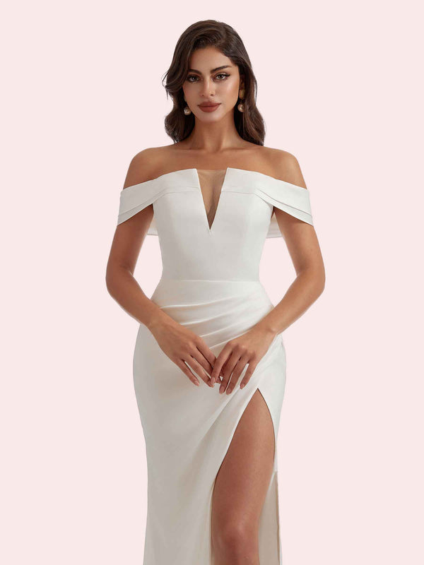 Sexy V-neck Mermaid Pleats Side Slit Off-the-Shoulder Soft Satin Long Bridesmaid Dress For Wedding