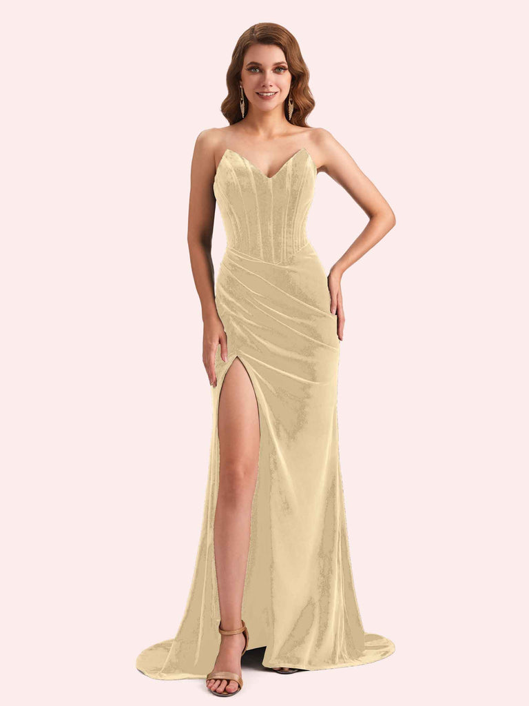 Sexy Velvet Sweetheart Side Slit Mermaid Long Bridesmaid Dresses Online For Sale