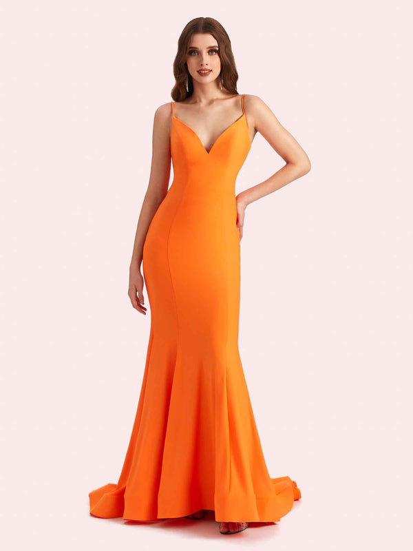 Sexy Spaghetti Straps V-neck Stretch Jersey Long Mermaid Bridesmaid Dresses