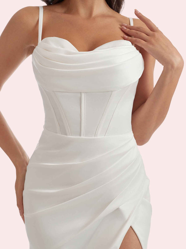 Gorgeous Spaghetti Straps Mermaid Pleats Side Slit Sweetheart Soft Satin Long Bridesmaid Dress For Wedding