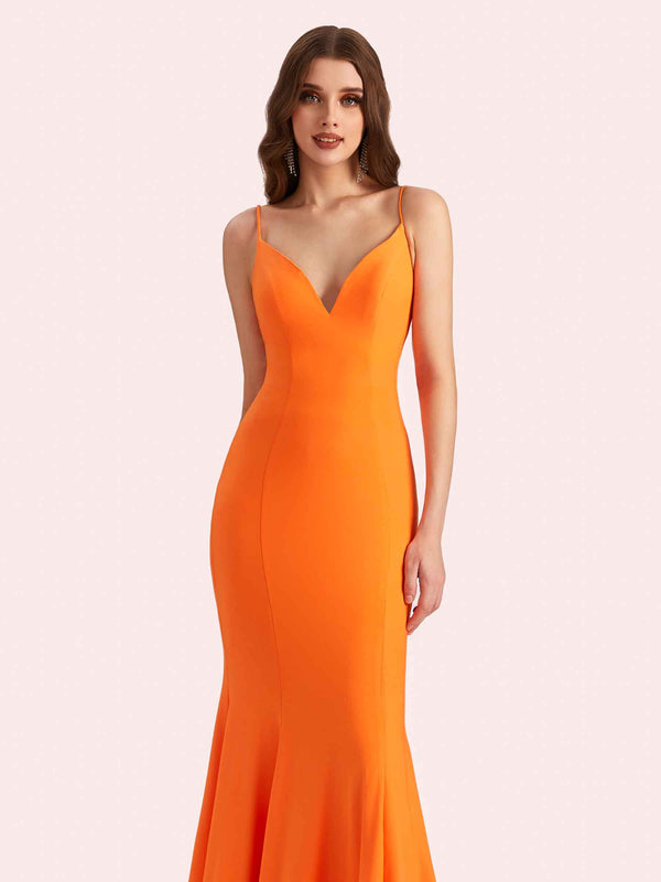 Sexy Spaghetti Straps V-neck Stretch Jersey Long Mermaid Bridesmaid Dresses