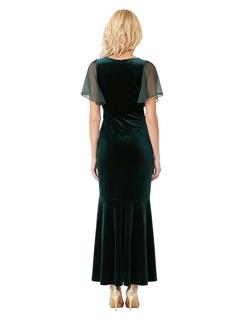 Elegant V-neck Flutter Sleeves Ruffles Velvet Mermaid Ankle-Length Mother Of The Bride Dresses