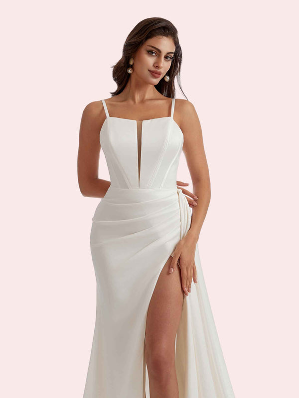 Elegant Mermaid Pleats Side Slit illusion Spaghetti Strap Soft Satin Long Bridesmaid Dress For Wedding