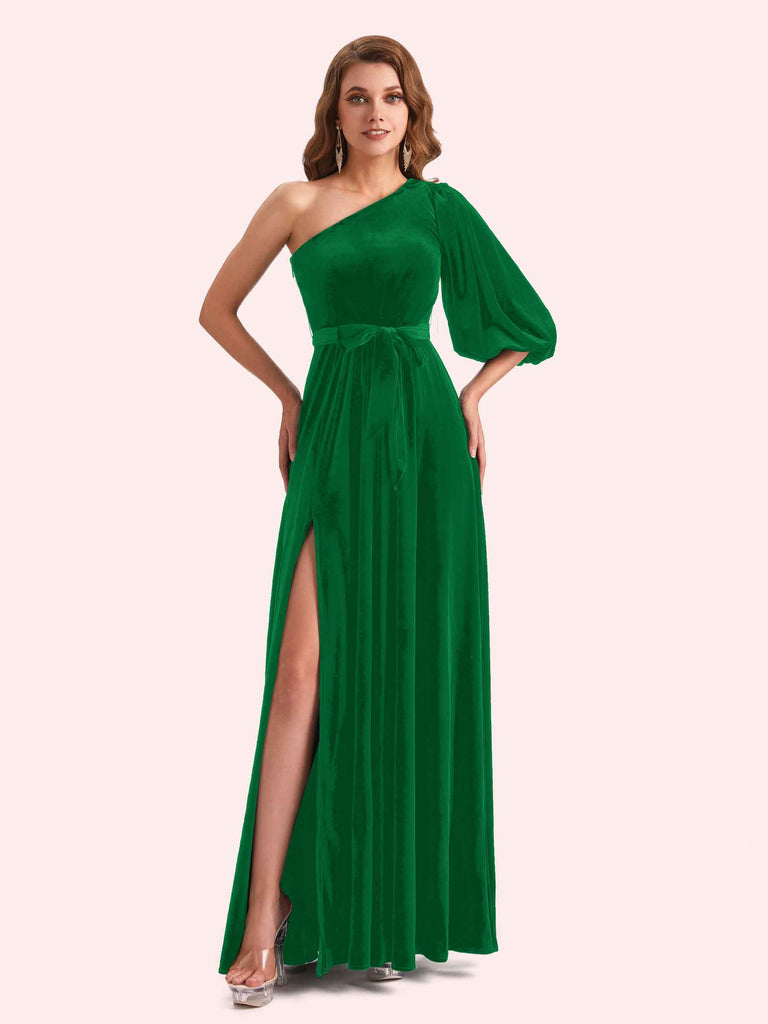 Simple A-line One Shoulder Side Slit Long Mermaid Velvet Bridesmaid Dresses Online Simple A-line One Shoulder Side Slit Long Mermaid Velvet Bridesmaid Dresses Online