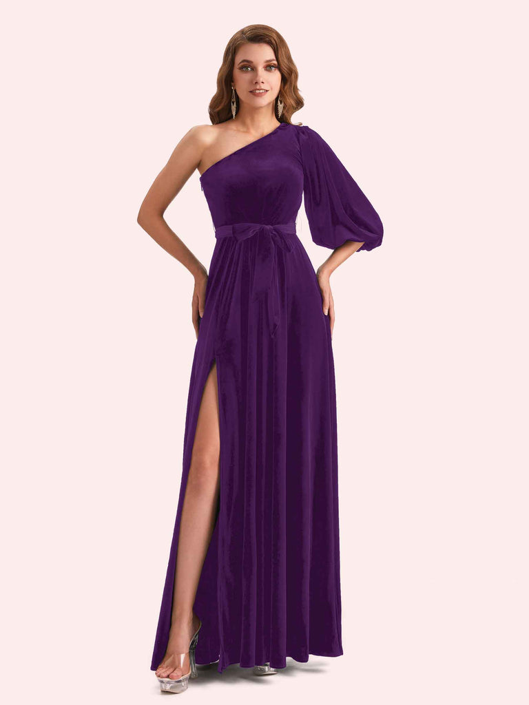 plum velvet bridesmaid dresses Plum Velvet V-neck Organza Bishop Sleeve Bridesmaid Dress