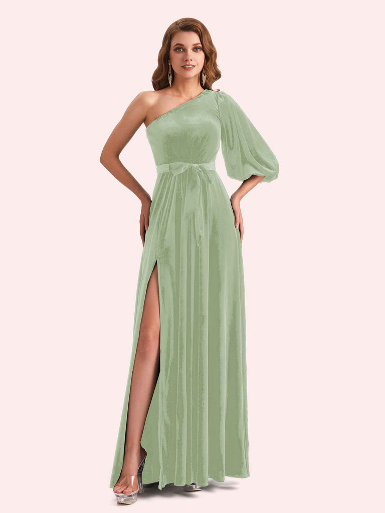 Simple A-line One Shoulder Side Slit Long Mermaid Velvet Bridesmaid Dresses Online