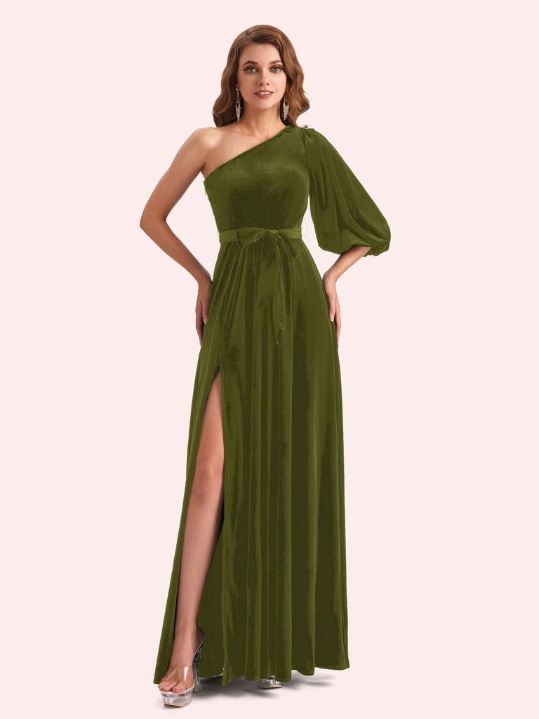 Simple A-line One Shoulder Side Slit Long Mermaid Velvet Bridesmaid Dresses Online Simple A-line One Shoulder Side Slit Long Mermaid Velvet Bridesmaid Dresses Online
