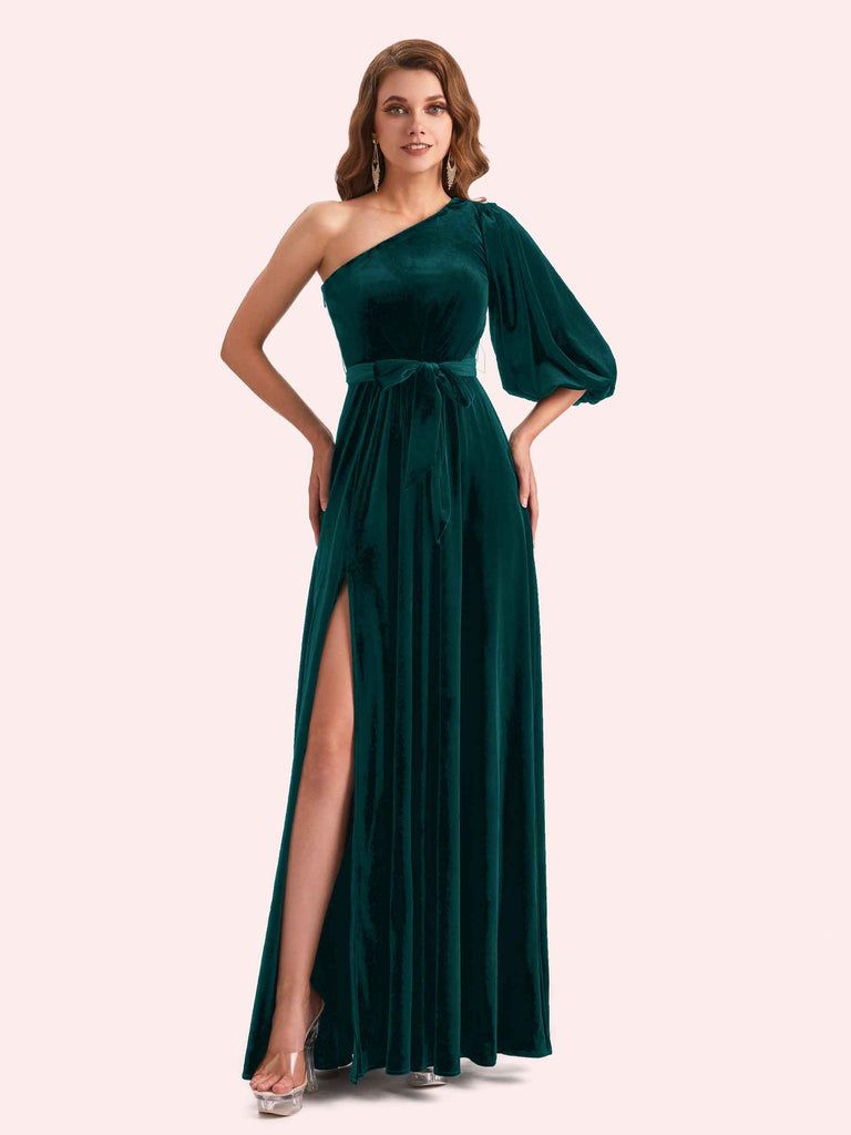Simple A-line One Shoulder Side Slit Long Mermaid Velvet Bridesmaid Dresses Online Simple A-line One Shoulder Side Slit Long Mermaid Velvet Bridesmaid Dresses Online