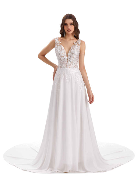 Elegant A-line V-neck Maxi Long Lace Wedding Dresses