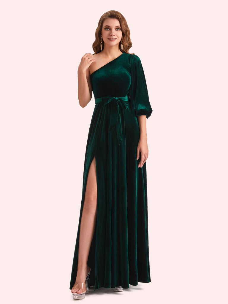 Simple A-line One Shoulder Side Slit Long Mermaid Velvet Bridesmaid Dresses Online