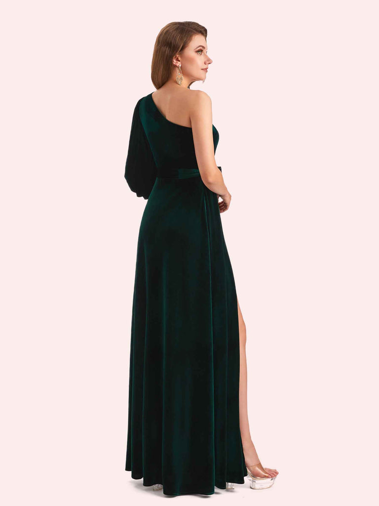 Simple A-line One Shoulder Side Slit Long Mermaid Velvet Bridesmaid Dresses Online Simple A-line One Shoulder Side Slit Long Mermaid Velvet Bridesmaid Dresses Online