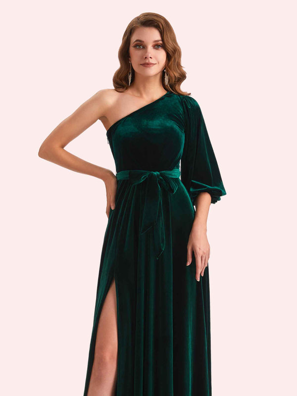 Simple A-line One Shoulder Side Slit Long Mermaid Velvet Bridesmaid Dresses Online
