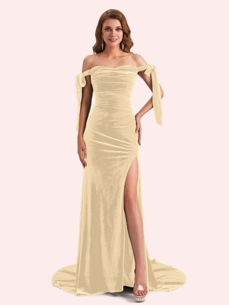 champagne velvet bridesmaid dresses Spaghetti Straps Back Bowknot Velvet Bridesmaid Dresses with Slit