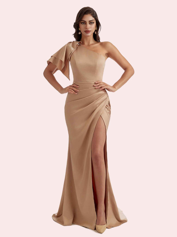 Gorgeous One Shoulder Mermaid Side Slit Sweetheart Soft Satin Long Bridesmaid Dress For Wedding