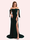 Sexy Off Shoulder Mermaid Side Slit Sweetheart Long Mermaid Velvet Bridesmaid Dresses