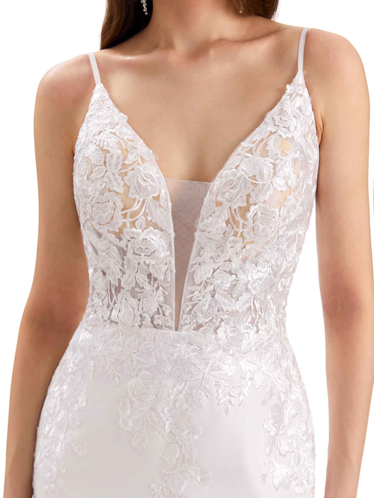 Sexy Mermaid Spaghetti Straps V-neck Maxi Long Lace Wedding Dresses