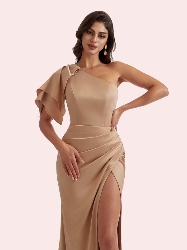 Gorgeous One Shoulder Mermaid Side Slit Sweetheart Soft Satin Long Bridesmaid Dress For Wedding