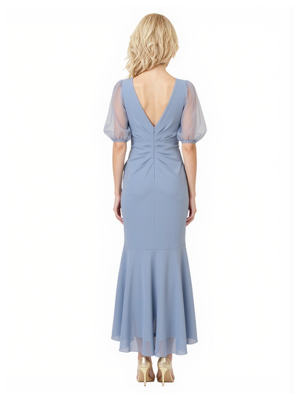 Modern Chiffon Puff Sleeves High Low Ruffle Mother of The Bride Dresses V-Neck