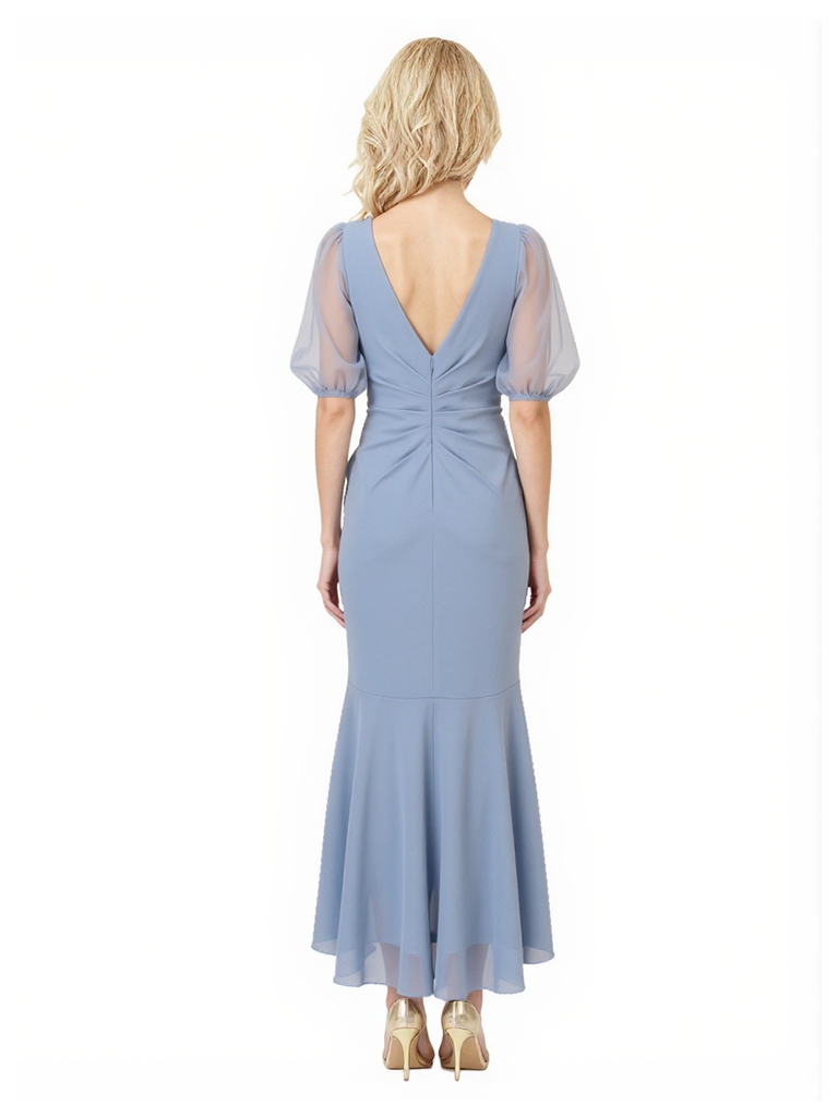 Modern Chiffon Puff Sleeves High Low Ruffle Mother of The Bride Dresses V-Neck