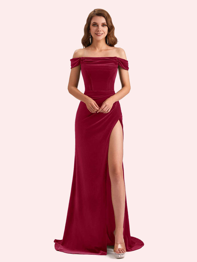 Sexy Mermaid Off Shoulder Side Slit Long Mermaid Velvet Bridesmaid Dresses Online Sexy Mermaid Off Shoulder Side Slit Long Mermaid Velvet Bridesmaid Dresses Online