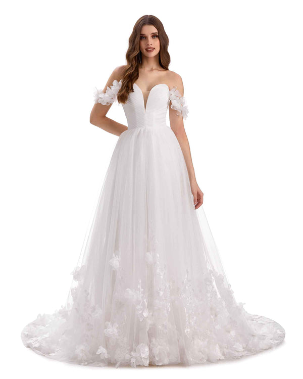 Gorgeous A-line Off Shoulder V-neck Maxi Long Floral Lace Wedding Dresses