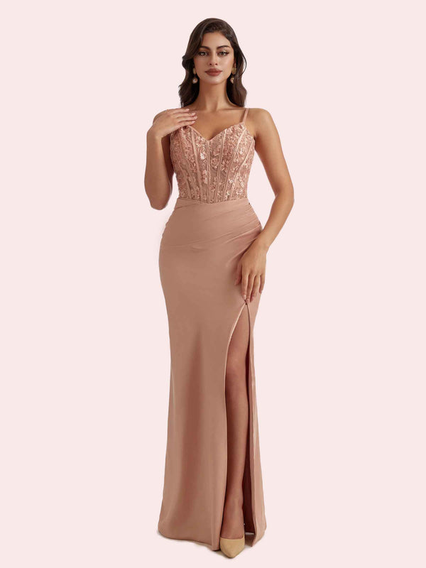 Gorgeous V Neck Lace Appliques Mermaid Side Slit Soft Satin Long Bridesmaid Dress For Wedding