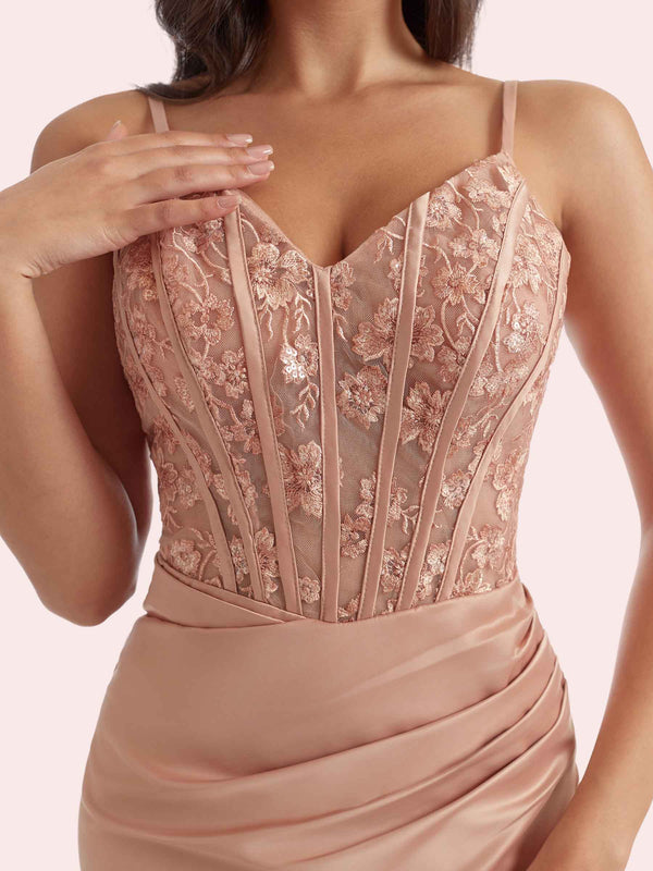 Gorgeous V Neck Lace Appliques Mermaid Side Slit Soft Satin Long Bridesmaid Dress For Wedding