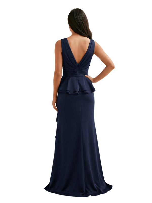 Elegant V-Neck Side Slit Chiffon Ruffles Mermaid Floor-Length Mother of the Bride Dresses