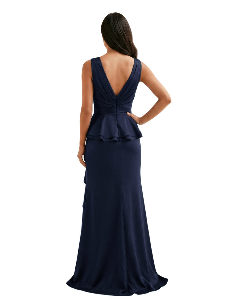 Elegant V-Neck Side Slit Chiffon Ruffles Mermaid Floor-Length Mother of the Bride Dresses