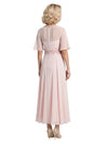 Elegant Chiffon Illusion Flutter Sleeves A-Line Tea Length Mother of The Bride Dresses