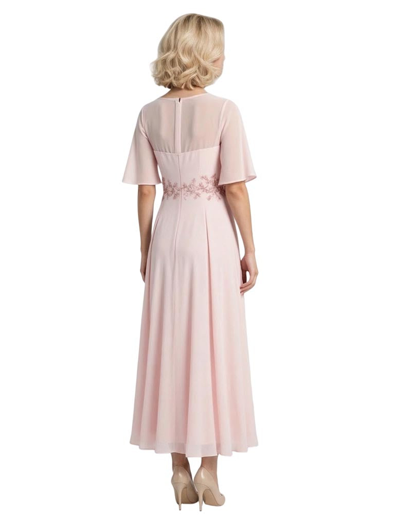 Elegant Chiffon Illusion Flutter Sleeves A-Line Tea Length Mother of The Bride Dresses