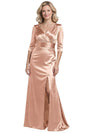 Elegant V-Neck Half Sleeves Satin Side Slit Mermaid Long Mother of The Bride Formal Dresses