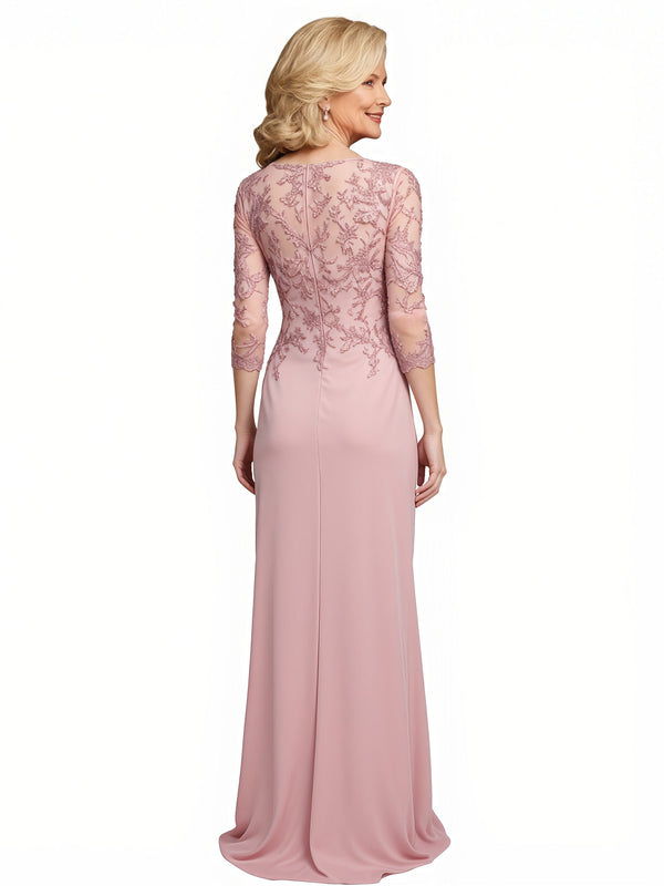 Modern V-Neck 3/4 Sleeves Chiffon Lace Mermaid Maxi Mother Of The Bride and Groom Dresses