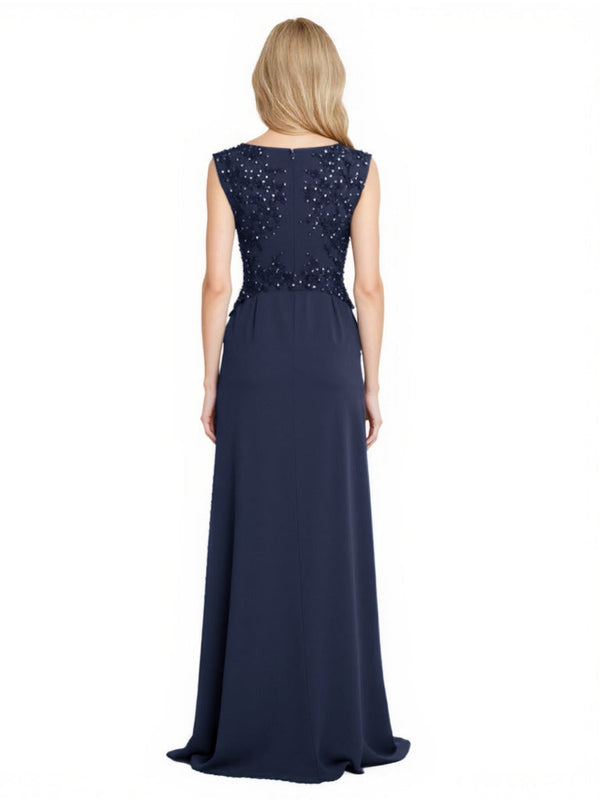Elegant Chiffon A-Line Cap Sleeves Lace Beaded Side Slit Long Mother of The Bride Dresses