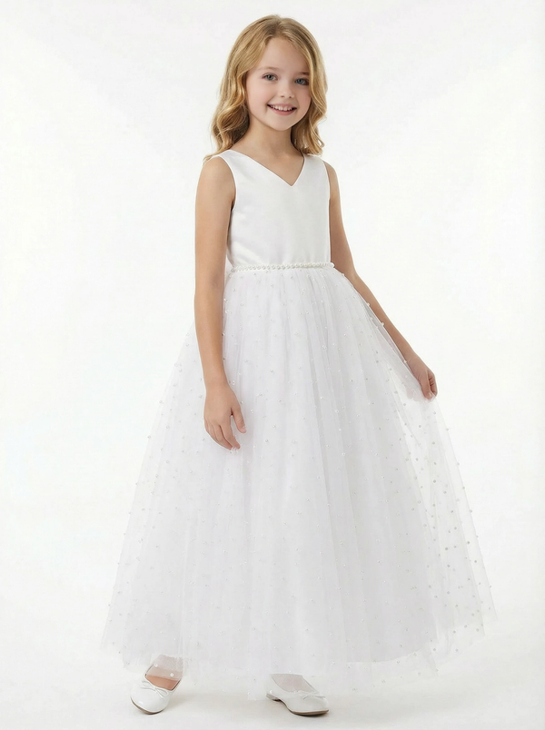 Beads Sleeveless V-neck Tulle A-line Princess Dress Flower Girl Dress Birthday Party Dresses
