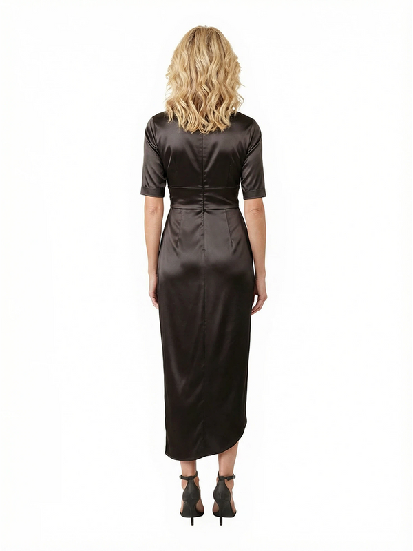 Elegant V-Neck Satin Half Sleeves Ruched Unique Midi Mother of the Bride Dresses