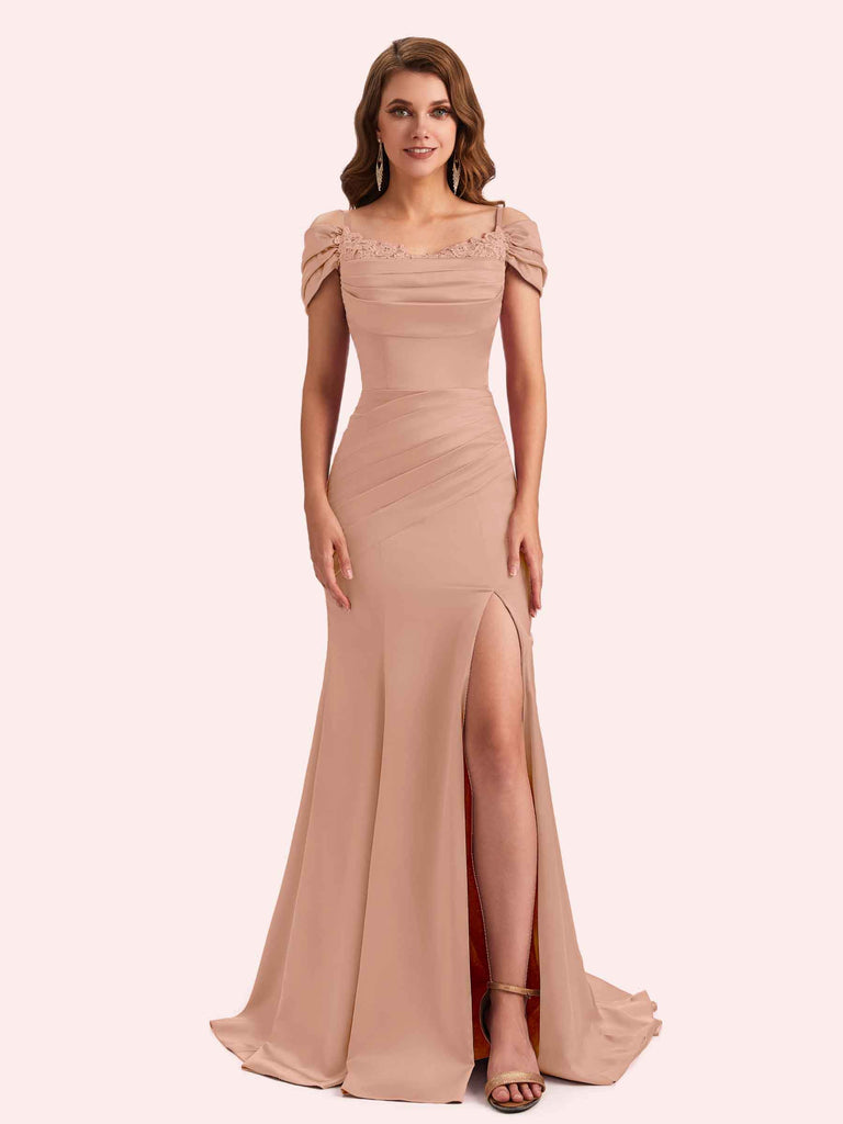 Simple Mermaid Cold Shoulder Soft Satin Lace Long Matron of Honor Dress For Wedding Simple Mermaid Cold Shoulder Soft Satin Lace Long Matron of Honor Dress For Wedding