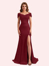 Simple Mermaid Cold Shoulder Soft Satin Lace Long Matron of Honor Dress For Wedding