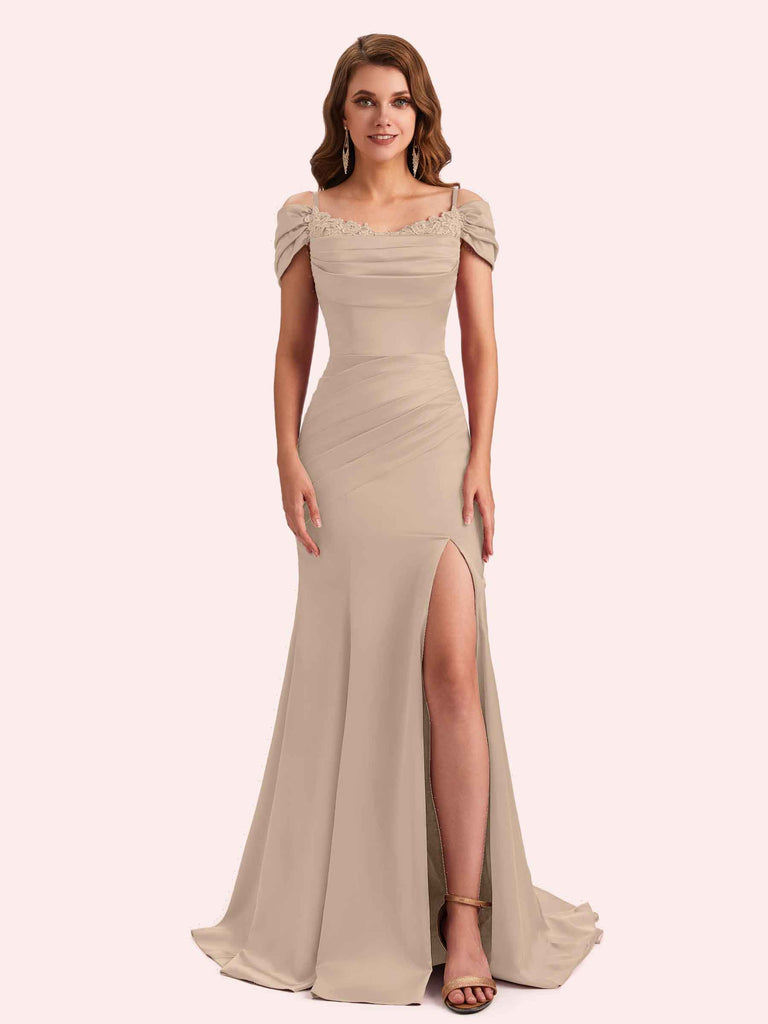 Simple Mermaid Cold Shoulder Soft Satin Lace Long Matron of Honor Dress For Wedding Simple Mermaid Cold Shoulder Soft Satin Lace Long Matron of Honor Dress For Wedding