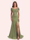 Simple Mermaid Cold Shoulder Soft Satin Lace Long Matron of Honor Dress For Wedding
