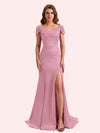 Simple Mermaid Cold Shoulder Soft Satin Lace Long Matron of Honor Dress For Wedding