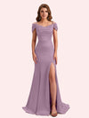 Simple Mermaid Cold Shoulder Soft Satin Lace Long Matron of Honor Dress For Wedding