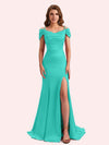Simple Mermaid Cold Shoulder Soft Satin Lace Long Matron of Honor Dress For Wedding