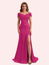 Simple Mermaid Cold Shoulder Soft Satin Lace Long Matron of Honor Dress For Wedding